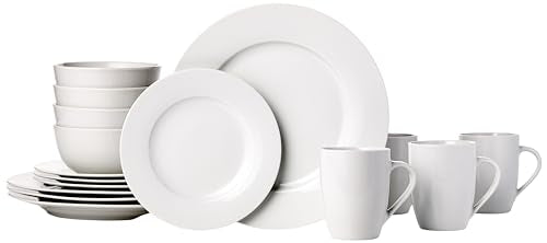 Amazon Basics 16-Piece Porcelain Kitchen Dinnerware Set with Plates. Bowls and Mugs. Service for 4 - White