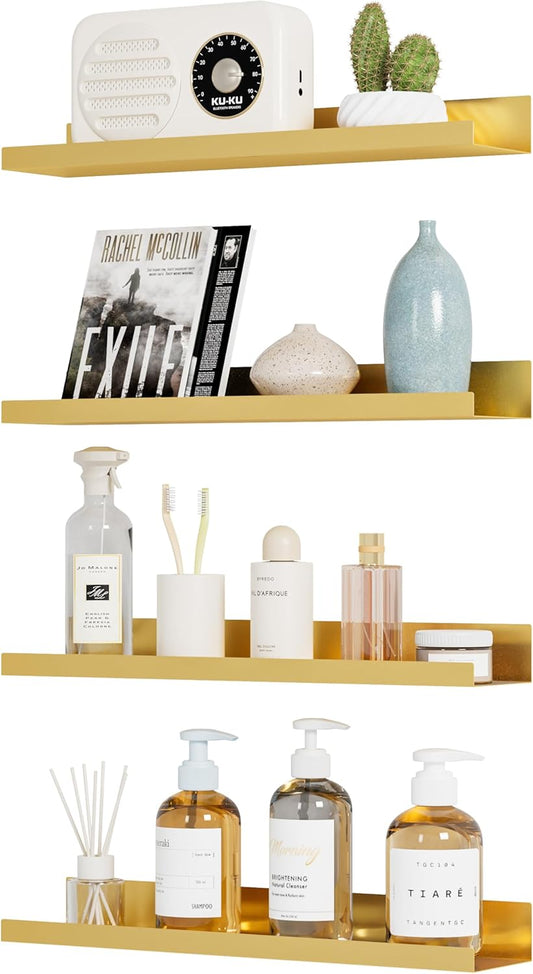 4 Pack Metal Floating Shelves for Wall Storage. Gold Hanging Shelves for Living Room/Kitchen/Bedroom/Bathroom Decor. Set of 4 Organizer for Display. Book & Perfume Shelf Wall Mounted