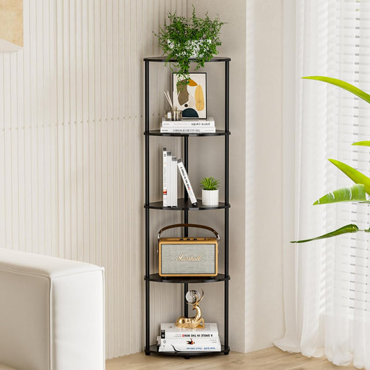 5-Tier Corner Shelf Stand. Waterproof Black Bathroom Organizers and Storage. Plant Display Shelves for Living Room Decor. Plastic Light Wall Corner Bookshelf Organizer for Office/Apartment/Small Space