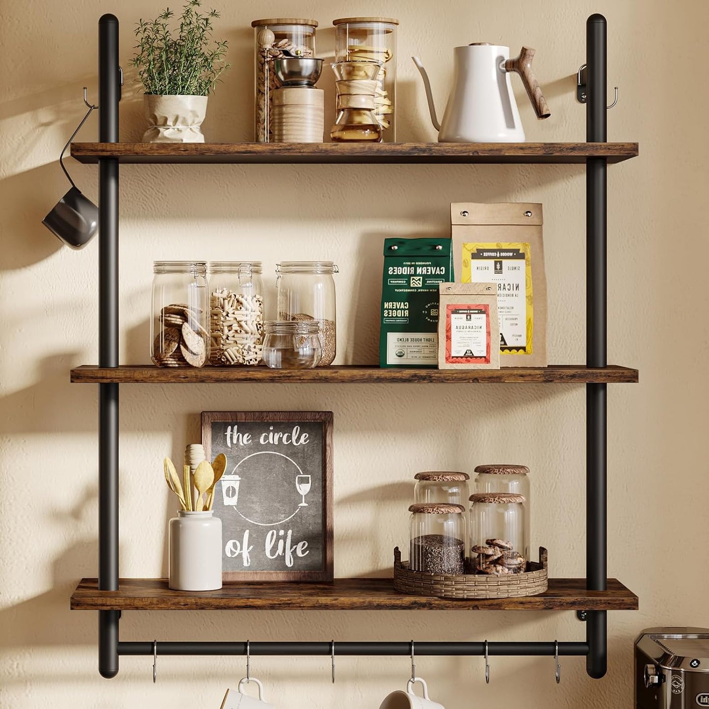 Bestier 3 Tier Industrial Pipe Shelving. Floating Book Shelves for Wall. Storage Hanging Shelves with Towel Bar for Bathroom Organizer Bedroom Kitchen Plants Office. 31.5 Inch Rustic Brown